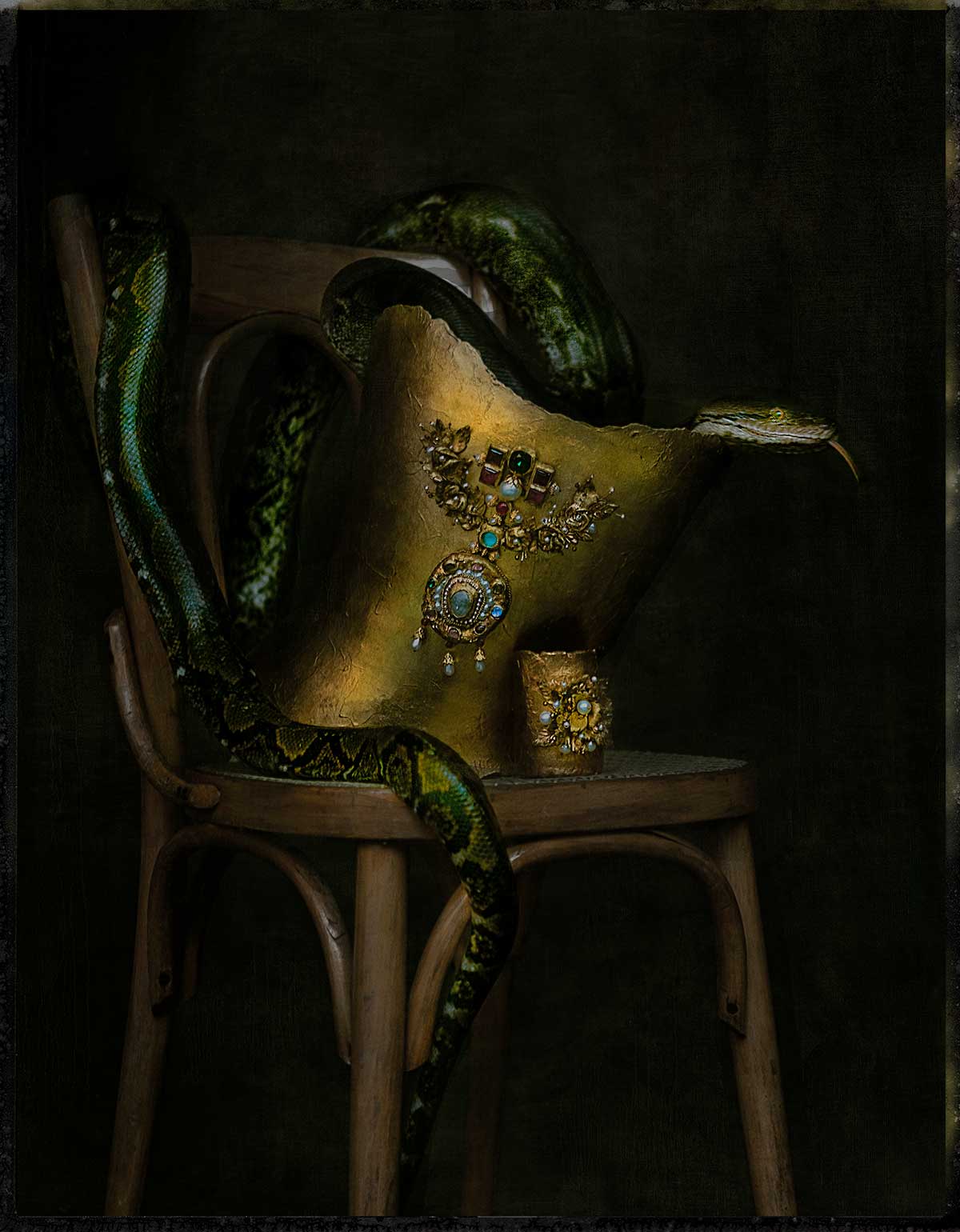Krikor Jabotian Fabien Dettori golden corset on chair with snake